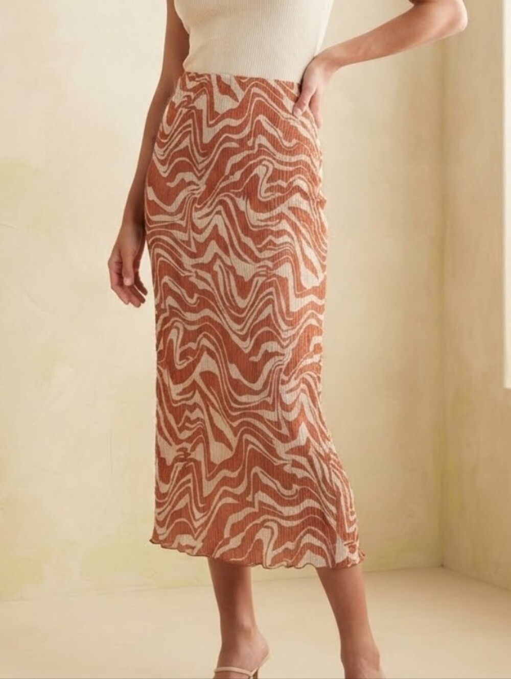 TIMING Abstract Midi Skirt Orange & White Size Large
